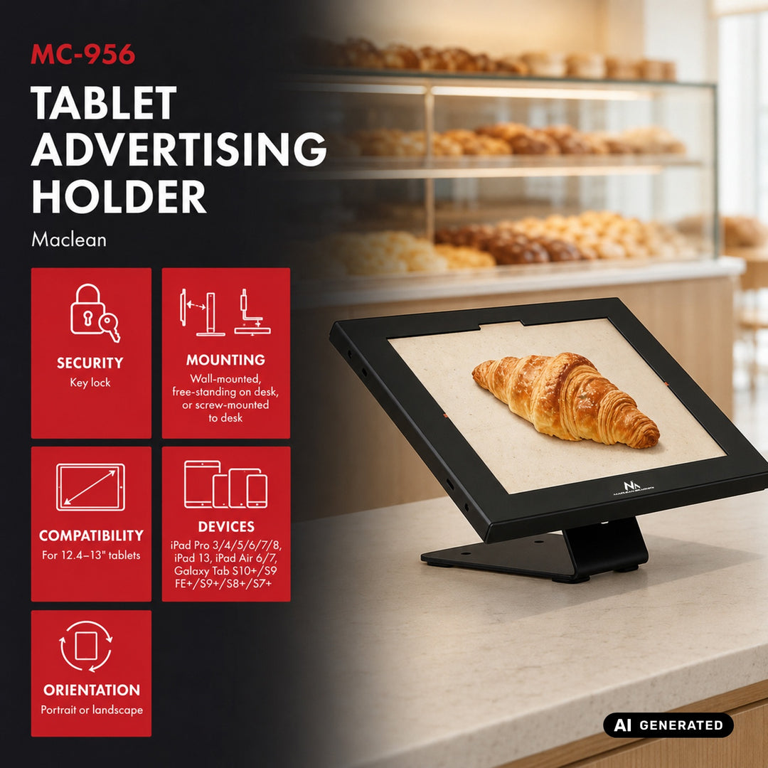 Supporto pubblicitario per tablet Maclean, con sistema di bloccaggio, 12,4"-13", iPad Air/Pro, Samsung Tab S10+/S9+/S8+/S7+, 257x350x22 mm, MC-956 B