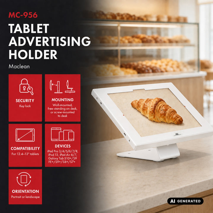 Supporto pubblicitario per tablet Maclean, con sistema di bloccaggio, 12,4"-13", iPad Air/Pro, Samsung Tab S10+/S9+/S8+/S7+, 257x350x22 mm, MC-956 W
