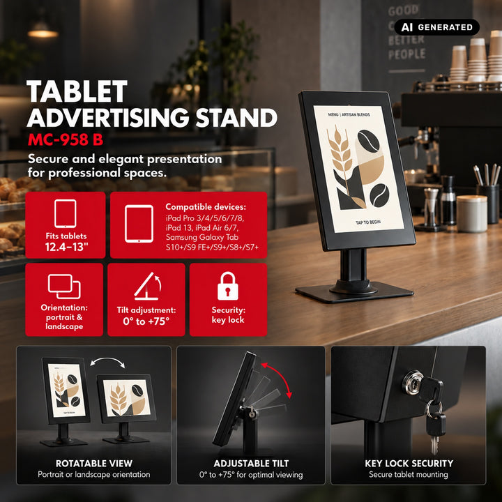 Supporto pubblicitario per tablet Maclean, con sistema di bloccaggio. 12,4"-13", iPad Air/Pro, Samsung Tab S10+/S9+/S8+/S7+, 257x350x22 mm, MC-958 B