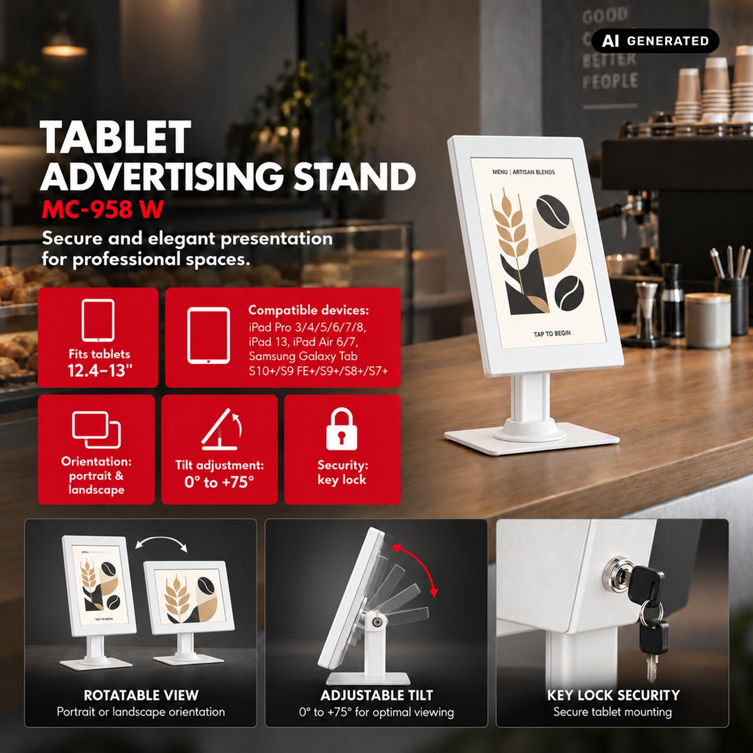 Supporto pubblicitario per tablet Maclean, con sistema di bloccaggio, 12,4"-13", iPad Air/Pro, Samsung Tab S10+/S9+/S8+/S7+, 257x350x22 mm, MC-958 W