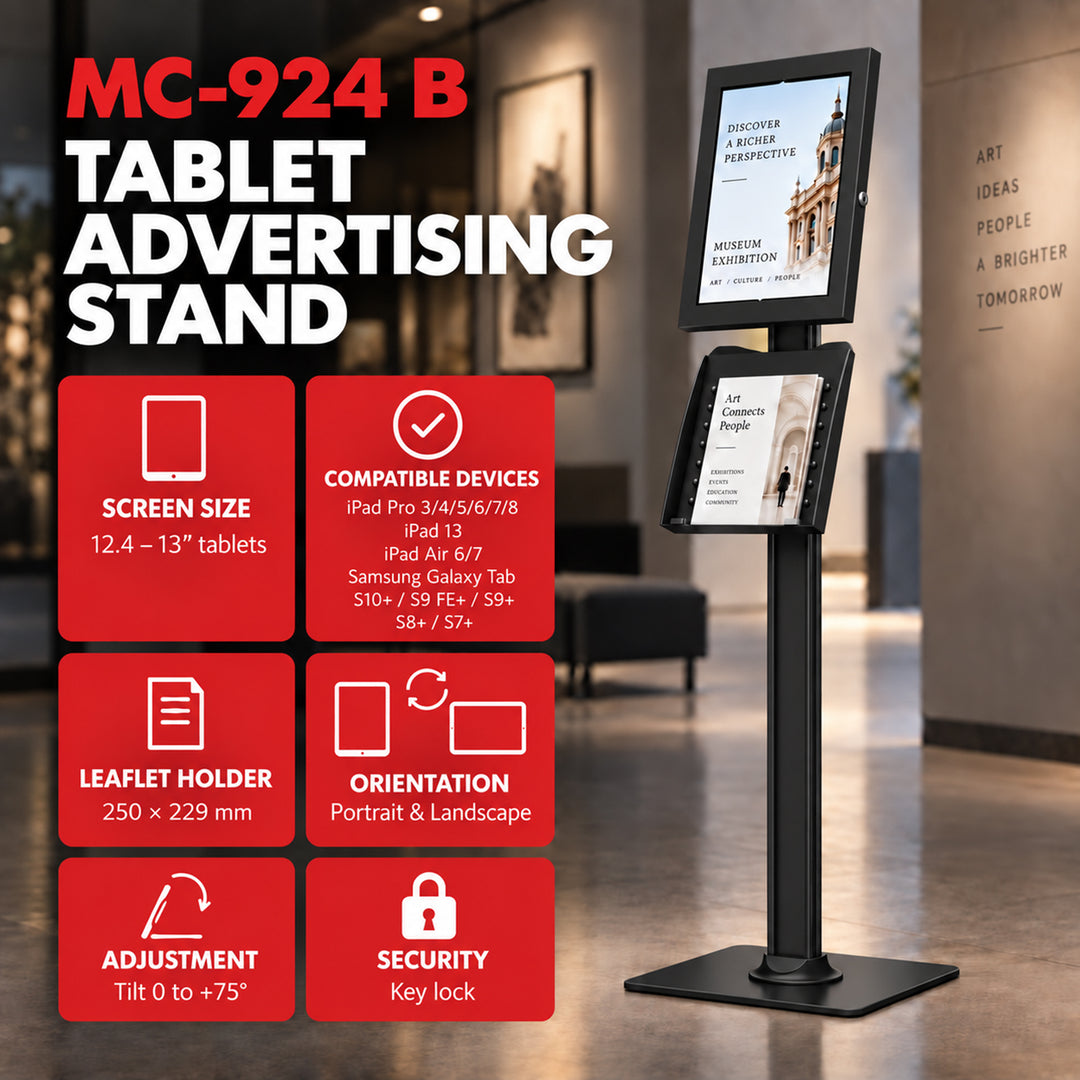 Supporto pubblicitario per tablet Maclean, con sistema di bloccaggio. 12,4"-13", iPad Air/Pro, Samsung Tab S10+/S9+/S8+/S7+, 257x350x22 mm, MC-924 B