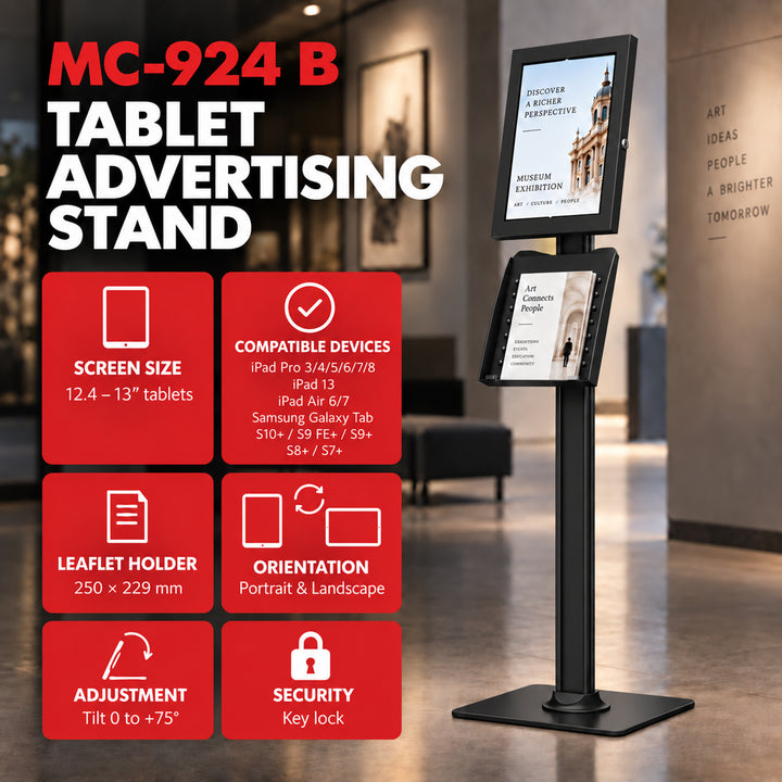 Supporto pubblicitario per tablet Maclean, con sistema di bloccaggio. 12,4"-13", iPad Air/Pro, Samsung Tab S10+/S9+/S8+/S7+, 257x350x22 mm, MC-924 B