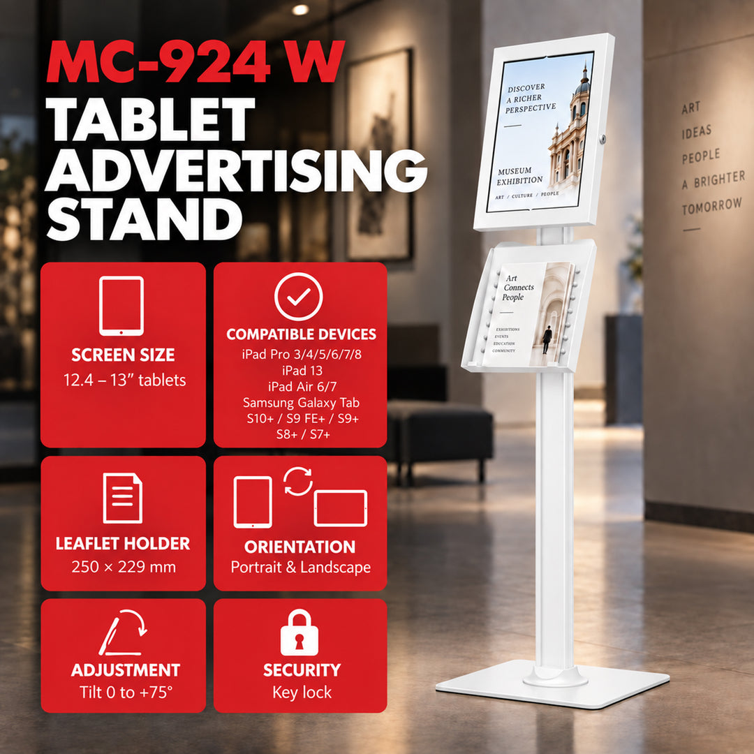 Supporto pubblicitario per tablet Maclean, con sistema di bloccaggio, 12,4"-13", iPad Air/Pro, Samsung Tab S10+/S9+/S8+/S7+, 257x350x22 mm, MC-924 W