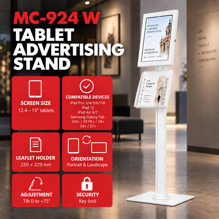 Supporto pubblicitario per tablet Maclean, con sistema di bloccaggio, 12,4"-13", iPad Air/Pro, Samsung Tab S10+/S9+/S8+/S7+, 257x350x22 mm, MC-924 W