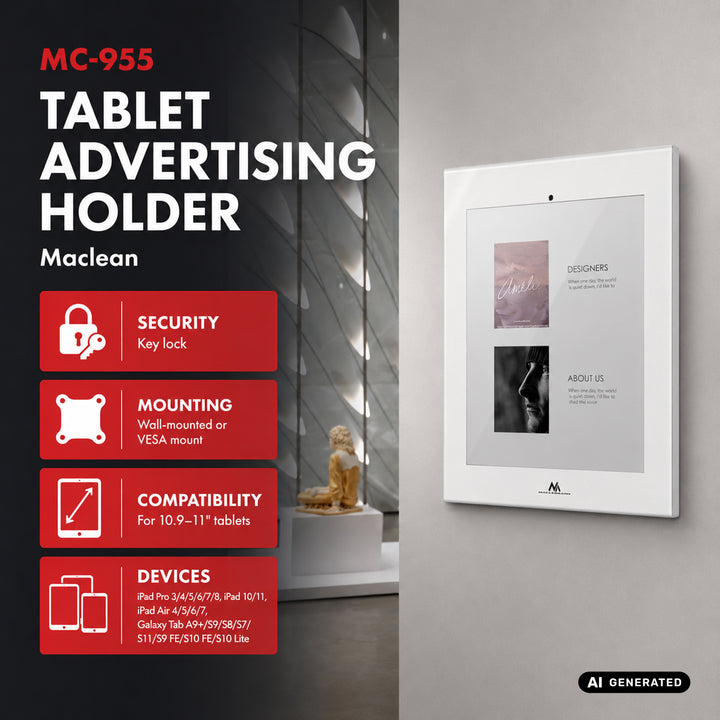 Supporto pubblicitario per tablet Maclean, con blocco, 10,9"-11", iPad Air/Pro, Samsung Tab serie A e S, 220x323x22 mm, MC-955 W
