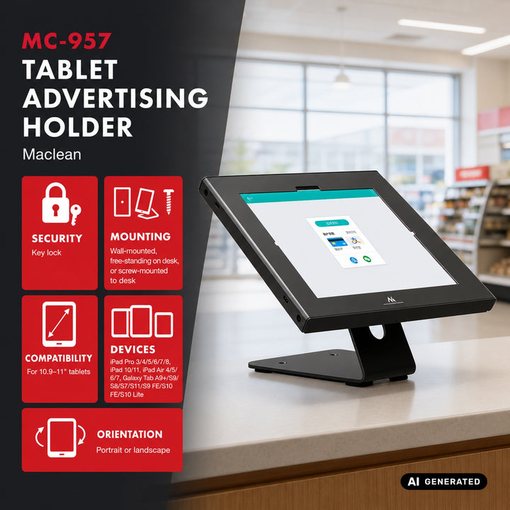 Supporto pubblicitario per tablet Maclean, con sistema di bloccaggio, 10,9"-11", iPad Air/Pro, Samsung Tab serie A e S, 220x323x22 mm, MC-957 B