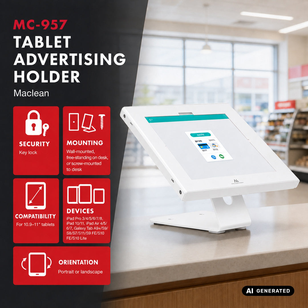 Supporto pubblicitario per tablet Maclean, con sistema di bloccaggio, 10,9"-11", iPad Air/Pro, Samsung Tab serie A e S, 220x323x22 mm, MC-957 W