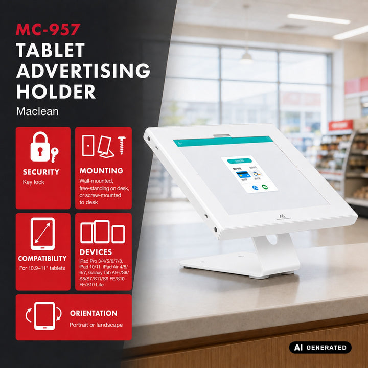 Supporto pubblicitario per tablet Maclean, con sistema di bloccaggio, 10,9"-11", iPad Air/Pro, Samsung Tab serie A e S, 220x323x22 mm, MC-957 W