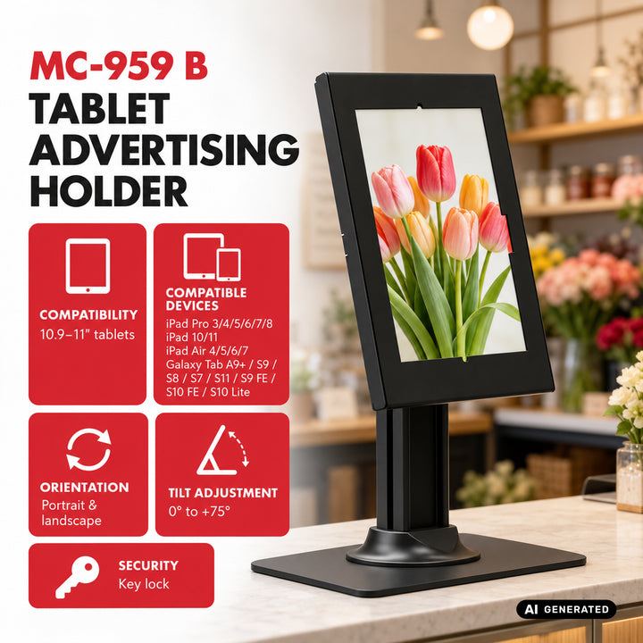 Supporto pubblicitario per tablet Maclean, con sistema di bloccaggio, 10,9"-11", iPad Air/Pro, Samsung Tab serie A e S, 220x323x22 mm, MC-959 B
