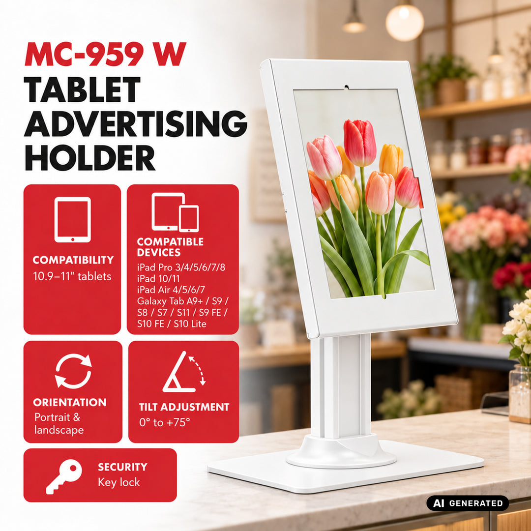 Supporto pubblicitario per tablet Maclean, con sistema di bloccaggio, 10,9"-11", iPad Air/Pro, Samsung Tab serie A e S, 220x323x22 mm, MC-959 W