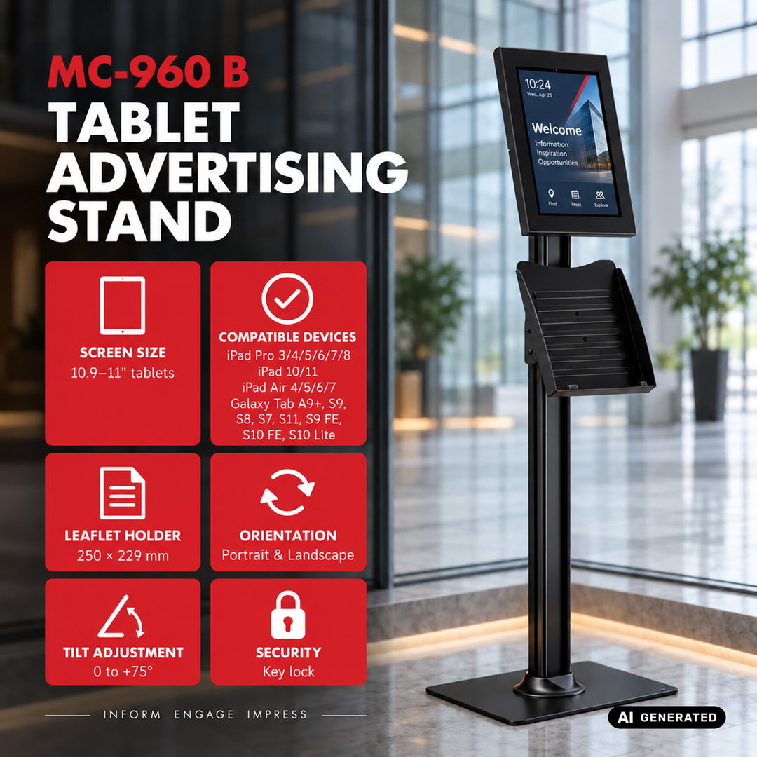 Supporto pubblicitario per tablet Maclean, con sistema di bloccaggio, 10,9"-11", iPad Air/Pro, Samsung Tab serie A e S, 220x323x22 mm, MC-960 B