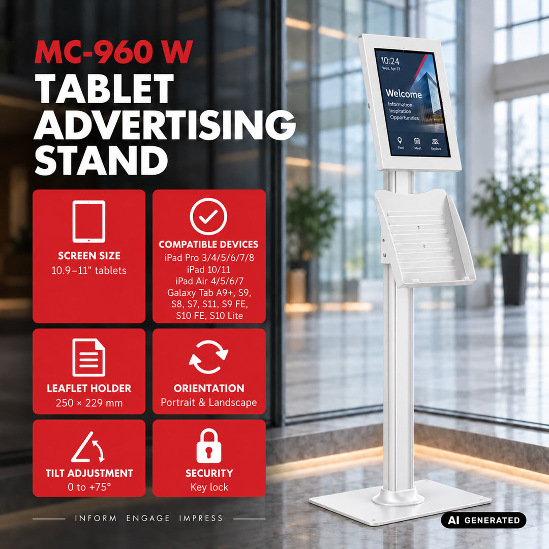 Supporto pubblicitario per tablet Maclean, con sistema di bloccaggio, 10,9"-11", iPad Air/Pro, Samsung Tab serie A e S, 220x323x22 mm, MC-960 W