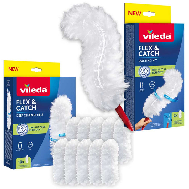 Scopa per la polvere Vileda Flex&Catch, con manico corto, protezione antiscivolo, testa flessibile + 10 ricambi