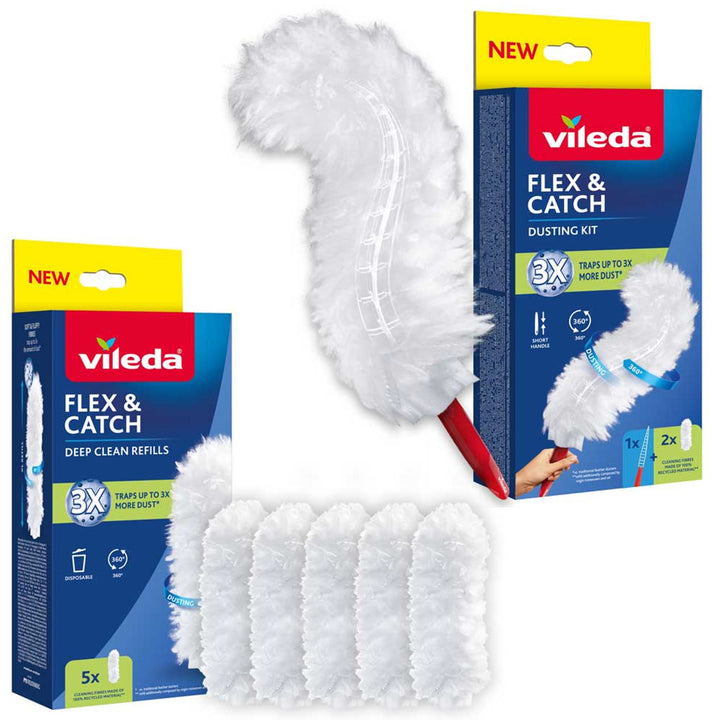 Scopa per la polvere Vileda Flex&Catch, con manico corto, protezione antiscivolo, testa flessibile + 5 ricambi