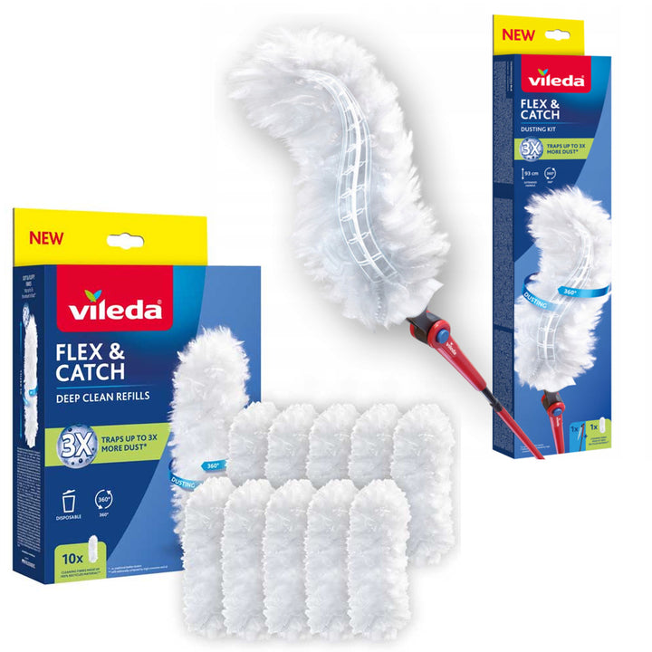 Scopa per la polvere Vileda Flex&Catch, con manico lungo, protezione antiscivolo, testa flessibile + 10 ricambi per scopa