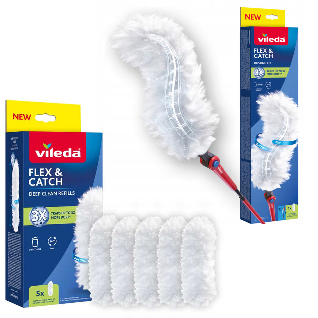 Scopa per la polvere Vileda Flex&Catch, con manico lungo, protezione antiscivolo, testa flessibile + 5 ricambi per scopa