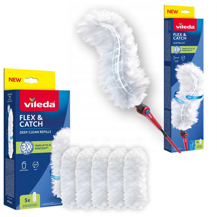 Scopa per la polvere Vileda Flex&Catch, con manico lungo, protezione antiscivolo, testa flessibile + 5 ricambi per scopa