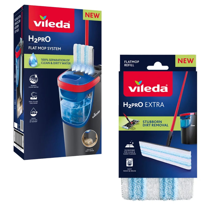 Mop piatto Vileda H2prO, separazione al 100% dell'acqua pulita da quella sporca, due serbatoi, 2 ricambi in microfibra, testa girevole a 360°, 175774