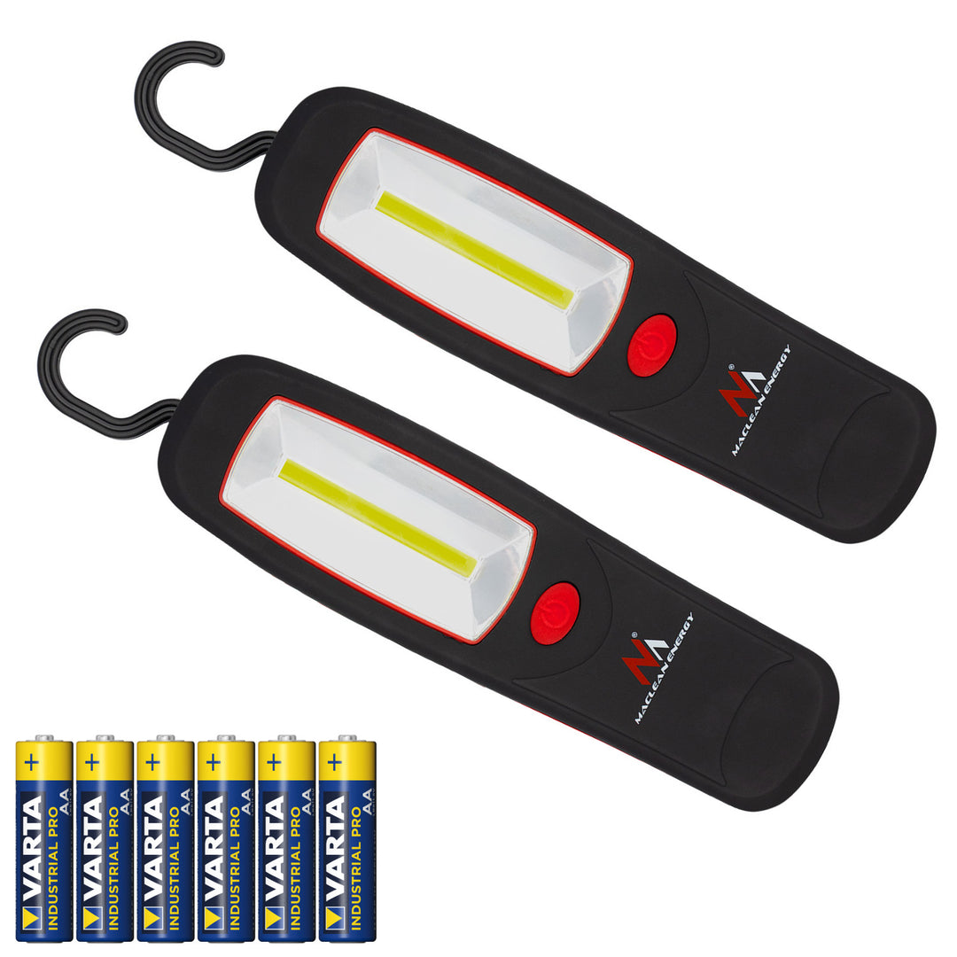Lampada da officina COB LED Maclean, magnete, gancio, MCE03 2 pezzi + 6 batterie Varta Industrial LR6/AA R-06