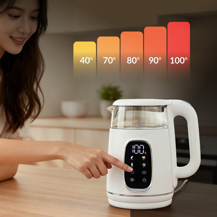 Bollitore elettrico in vetro con regolazione della temperatura 1,7 L, LED, 40–100 °C, Adler AD 1305 WS bianco