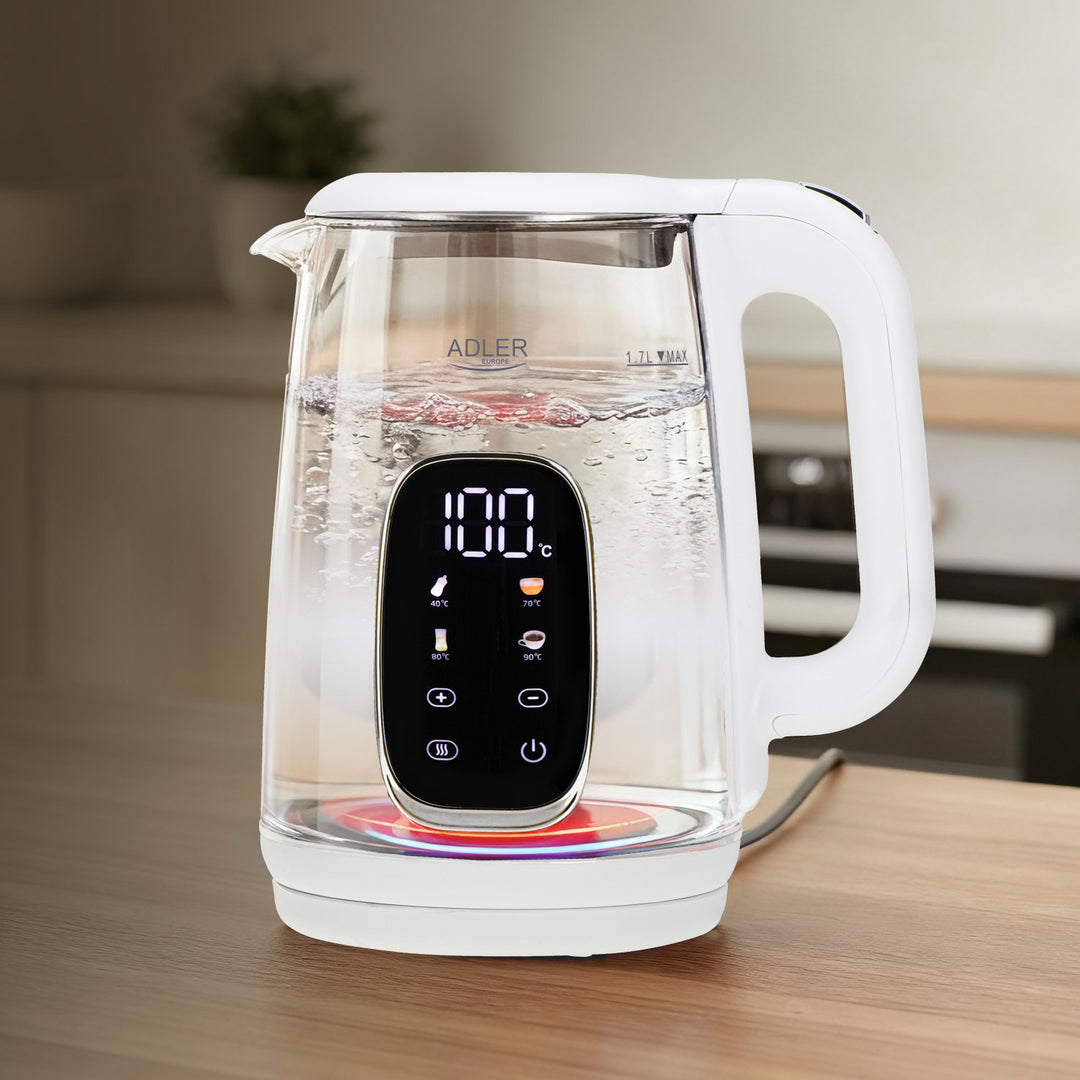 Bollitore elettrico in vetro con regolazione della temperatura 1,7 L, LED, 40–100 °C, Adler AD 1305 WS bianco