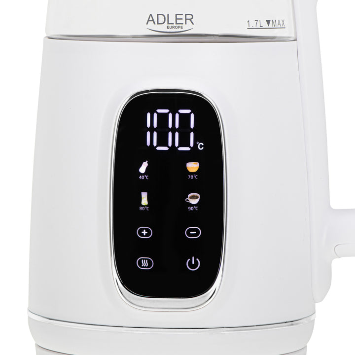 Bollitore elettrico in vetro con regolazione della temperatura 1,7 L, LED, 40–100 °C, Adler AD 1305 WS bianco
