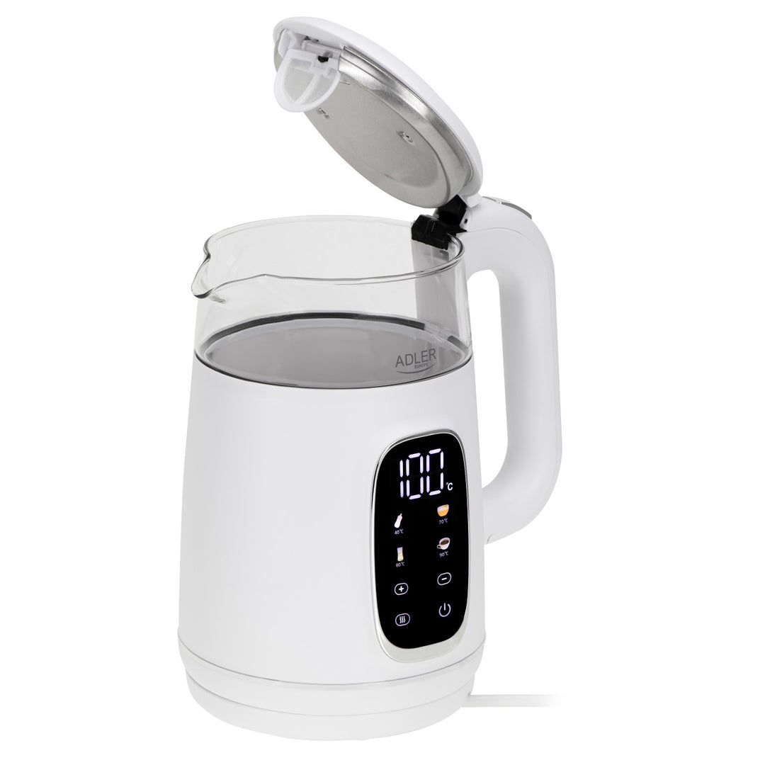 Bollitore elettrico in vetro con regolazione della temperatura 1,7 L, LED, 40–100 °C, Adler AD 1305 WS bianco
