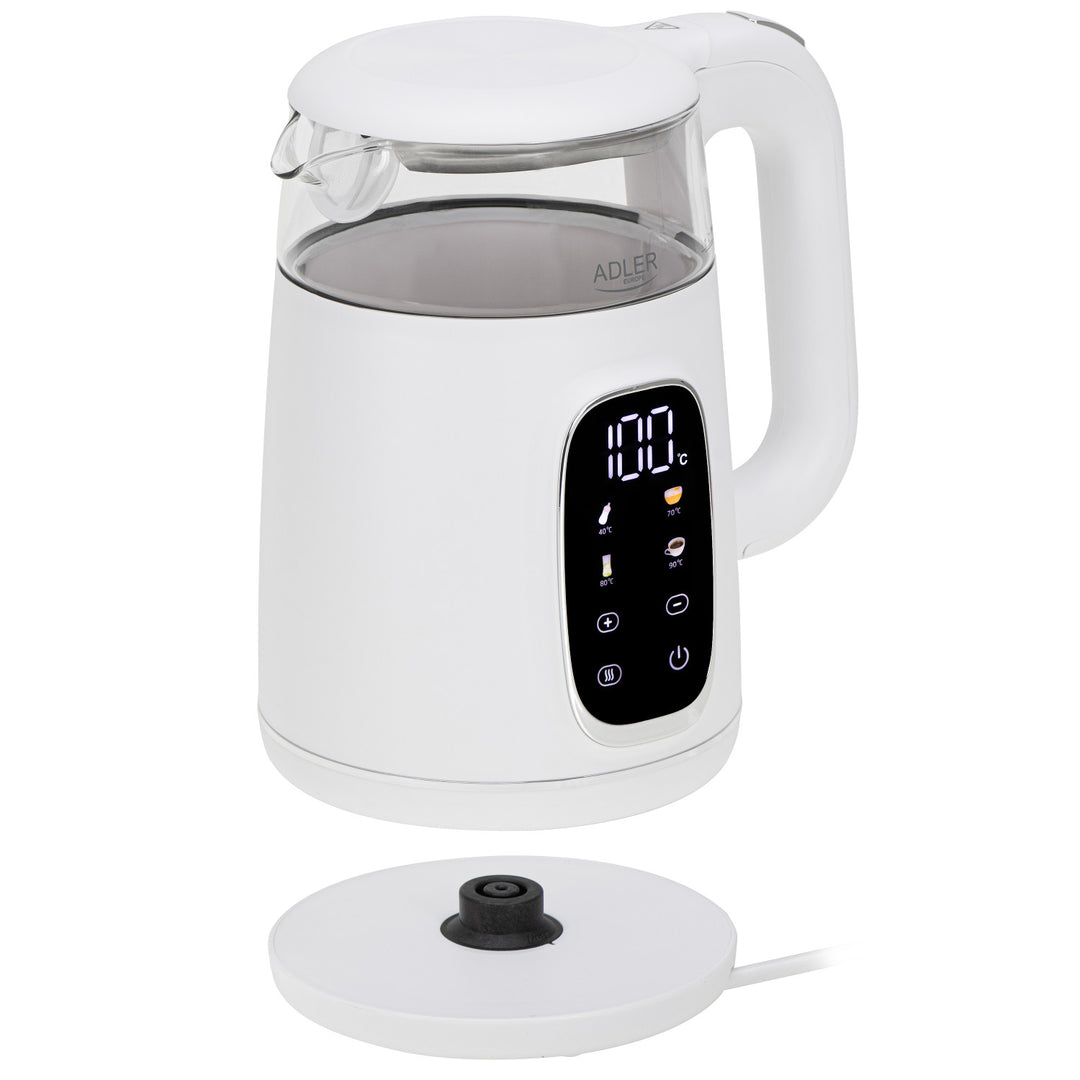 Bollitore elettrico in vetro con regolazione della temperatura 1,7 L, LED, 40–100 °C, Adler AD 1305 WS bianco