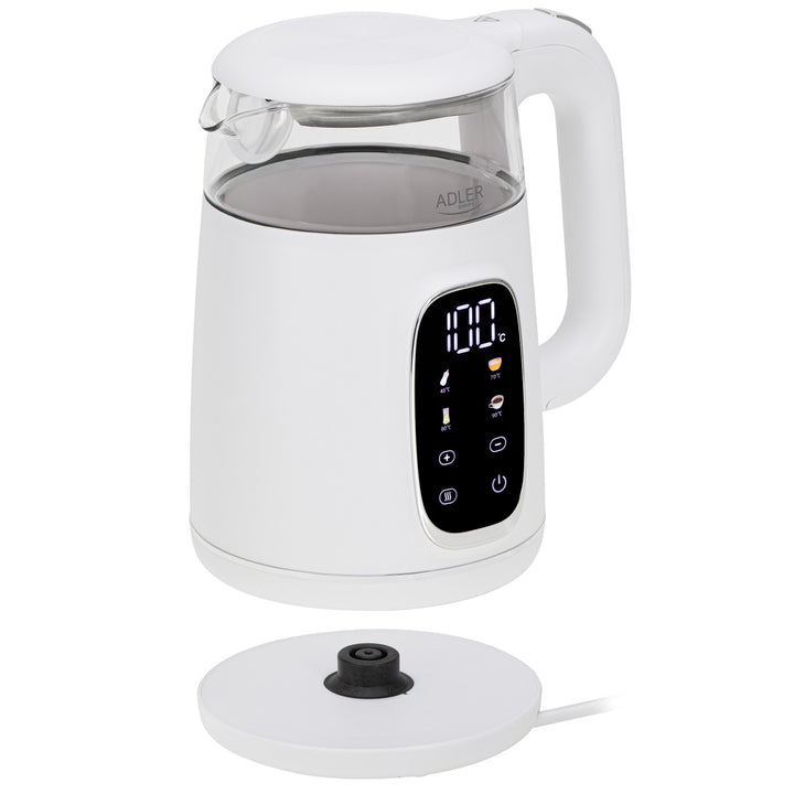 Bollitore elettrico in vetro con regolazione della temperatura 1,7 L, LED, 40–100 °C, Adler AD 1305 WS bianco