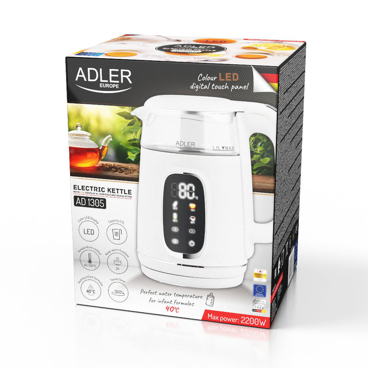 Bollitore elettrico in vetro con regolazione della temperatura 1,7 L, LED, 40–100 °C, Adler AD 1305 WS bianco
