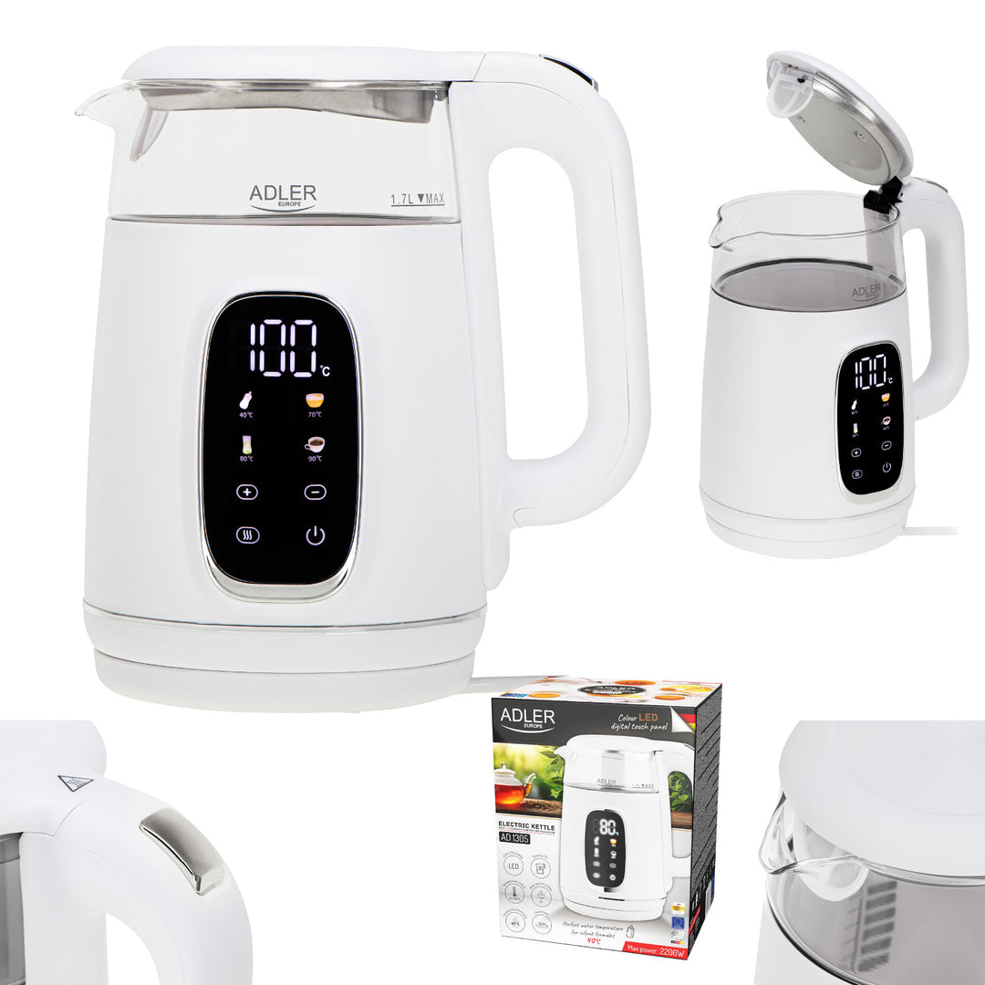 Bollitore elettrico in vetro con regolazione della temperatura 1,7 L, LED, 40–100 °C, Adler AD 1305 WS bianco
