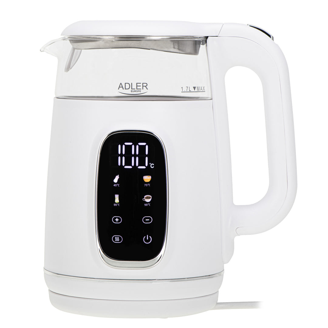 Bollitore elettrico in vetro con regolazione della temperatura 1,7 L, LED, 40–100 °C, Adler AD 1305 WS bianco
