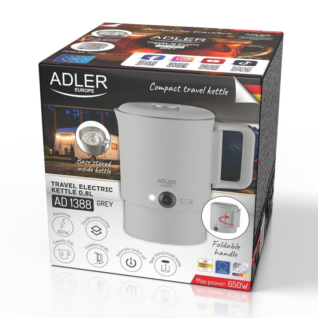 Bollitore elettrico Adler, da viaggio, doppia parete, capacità 0,8 l, potenza max. 650 W, grigio, AD 1388