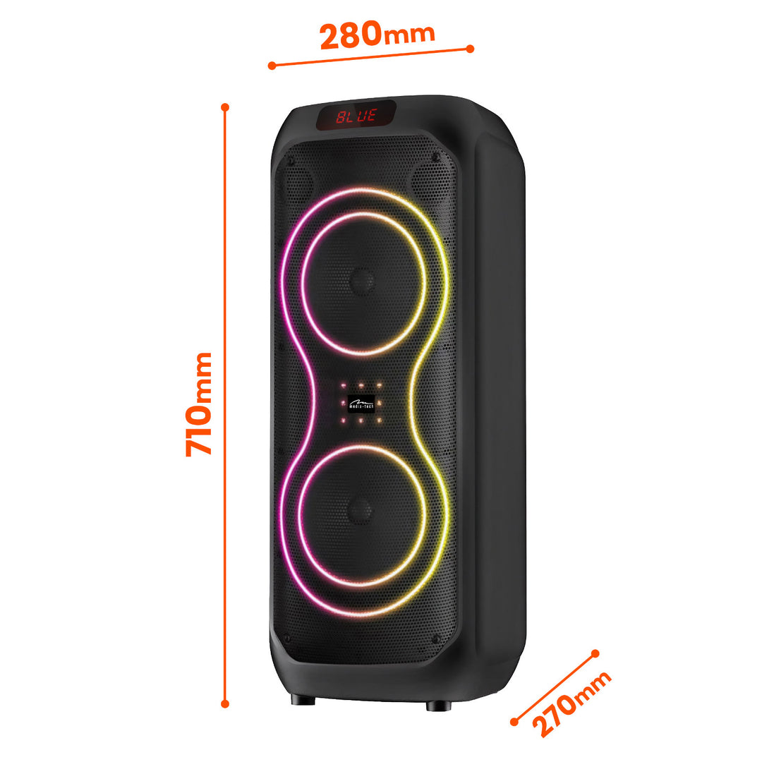 Grande altoparlante Bluetooth, 120 W RMS/1400 W PMPO, due altoparlanti da 8", equalizzatore, funzione karaoke, MP3/schede microSD, USB, AUX, BT 5.3+EDR, display, LED, batteria integrata, telecomando, MT3185