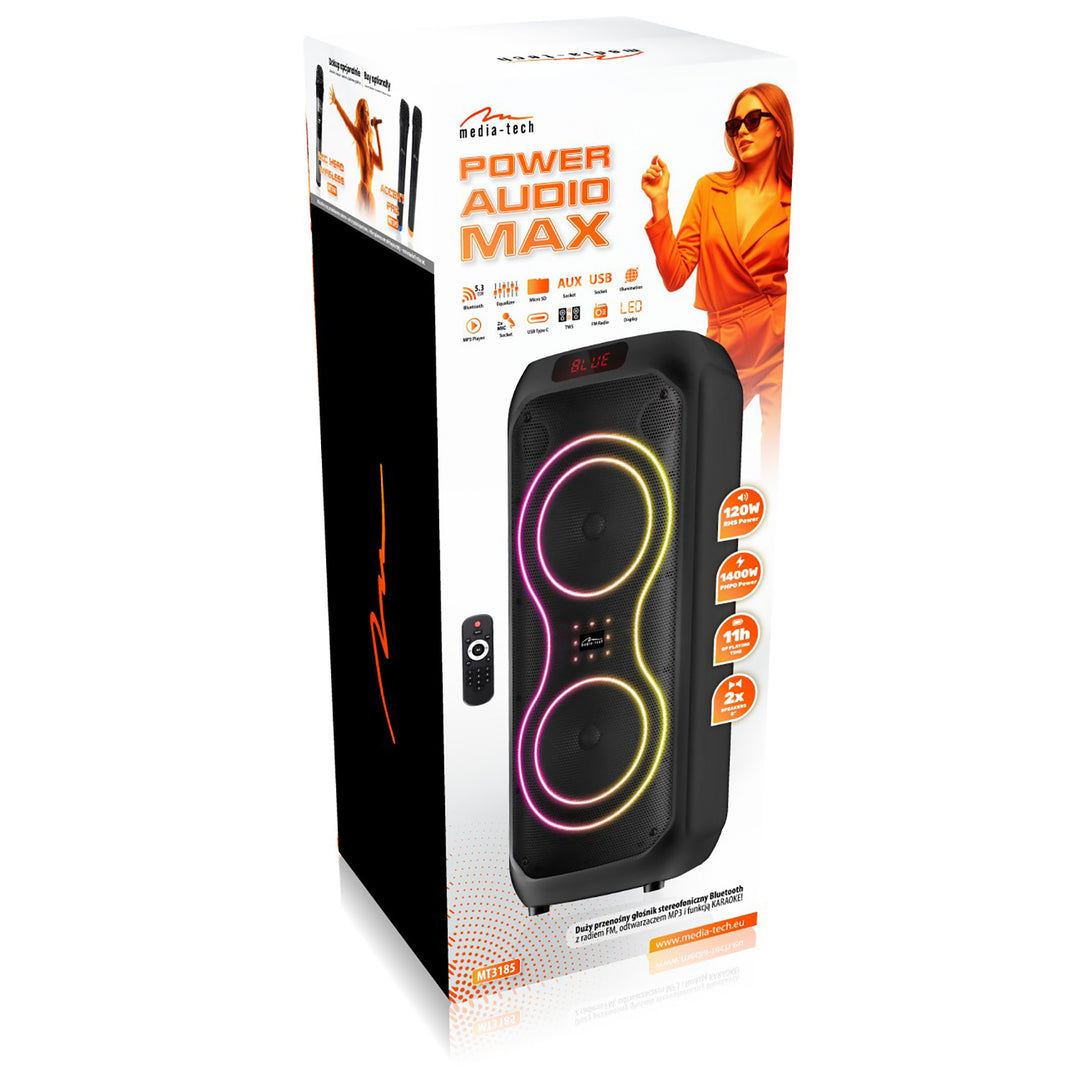 Grande altoparlante Bluetooth, 120 W RMS/1400 W PMPO, due altoparlanti da 8", equalizzatore, funzione karaoke, MP3/schede microSD, USB, AUX, BT 5.3+EDR, display, LED, batteria integrata, telecomando, MT3185