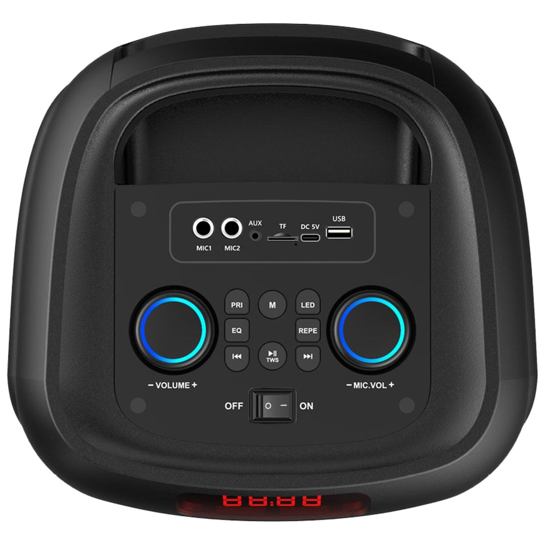 Grande altoparlante Bluetooth, 120 W RMS/1400 W PMPO, due altoparlanti da 8", equalizzatore, funzione karaoke, MP3/schede microSD, USB, AUX, BT 5.3+EDR, display, LED, batteria integrata, telecomando, MT3185