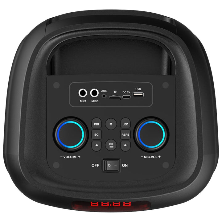Grande altoparlante Bluetooth, 120 W RMS/1400 W PMPO, due altoparlanti da 8", equalizzatore, funzione karaoke, MP3/schede microSD, USB, AUX, BT 5.3+EDR, display, LED, batteria integrata, telecomando, MT3185