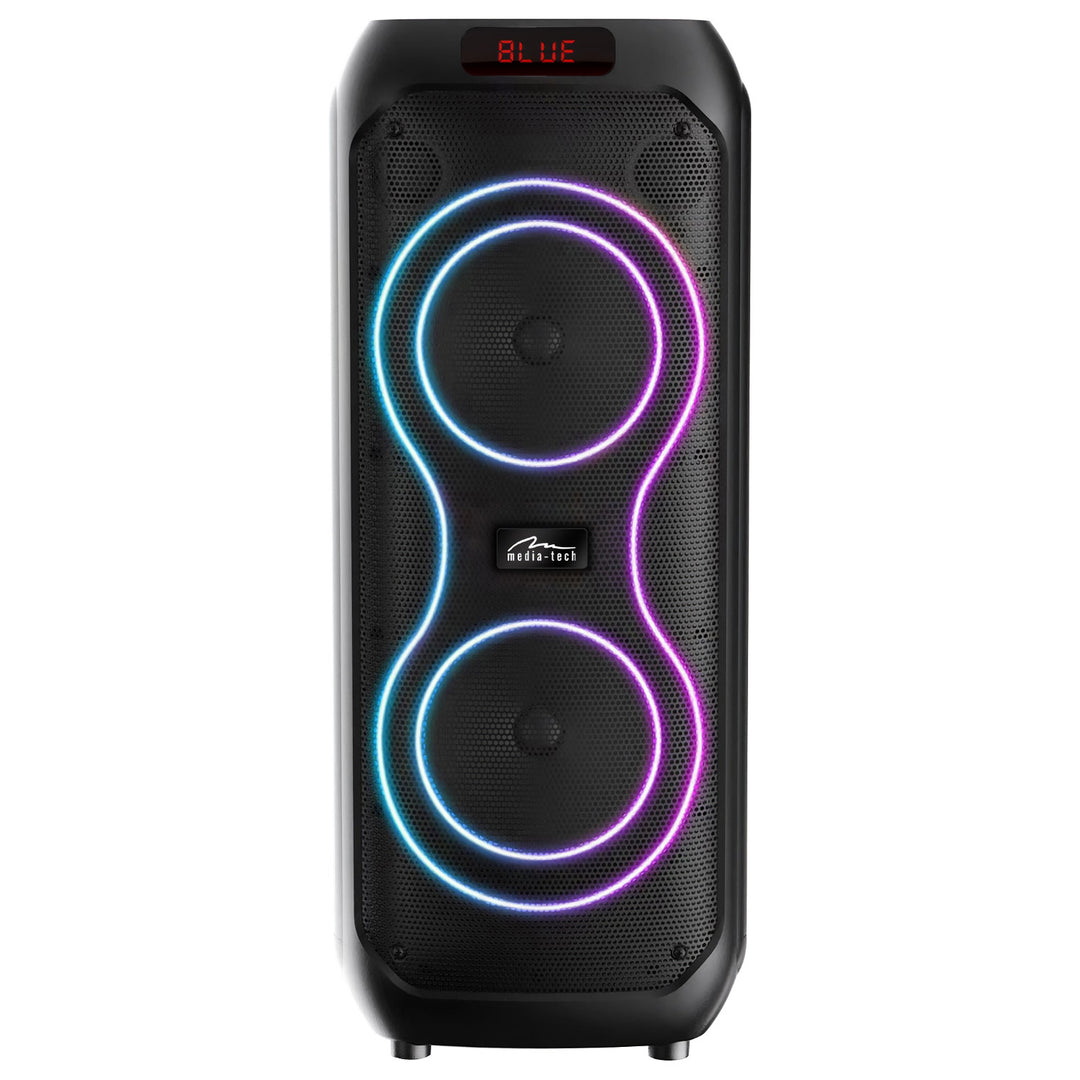 Grande altoparlante Bluetooth, 120 W RMS/1400 W PMPO, due altoparlanti da 8", equalizzatore, funzione karaoke, MP3/schede microSD, USB, AUX, BT 5.3+EDR, display, LED, batteria integrata, telecomando, MT3185