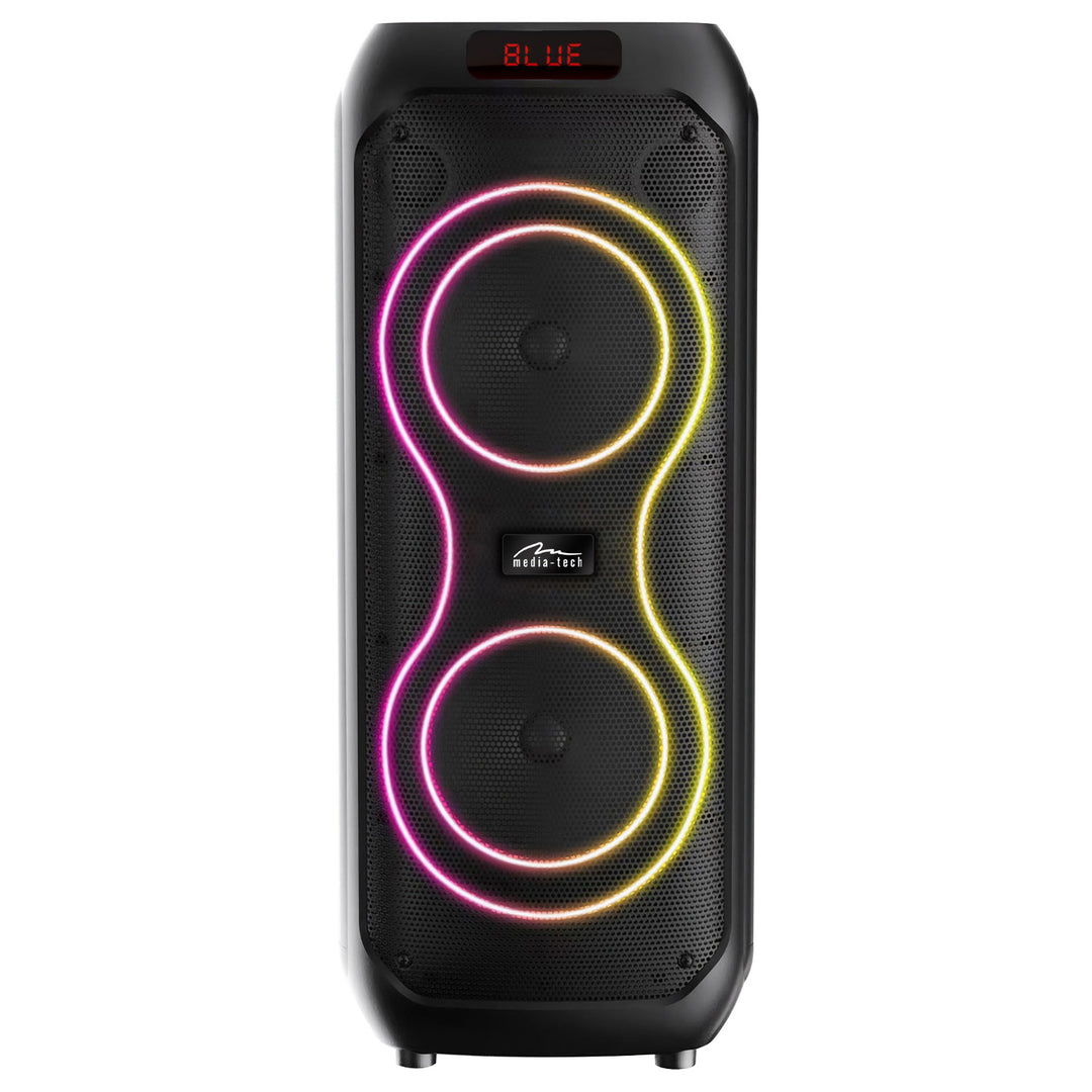 Grande altoparlante Bluetooth, 120 W RMS/1400 W PMPO, due altoparlanti da 8", equalizzatore, funzione karaoke, MP3/schede microSD, USB, AUX, BT 5.3+EDR, display, LED, batteria integrata, telecomando, MT3185