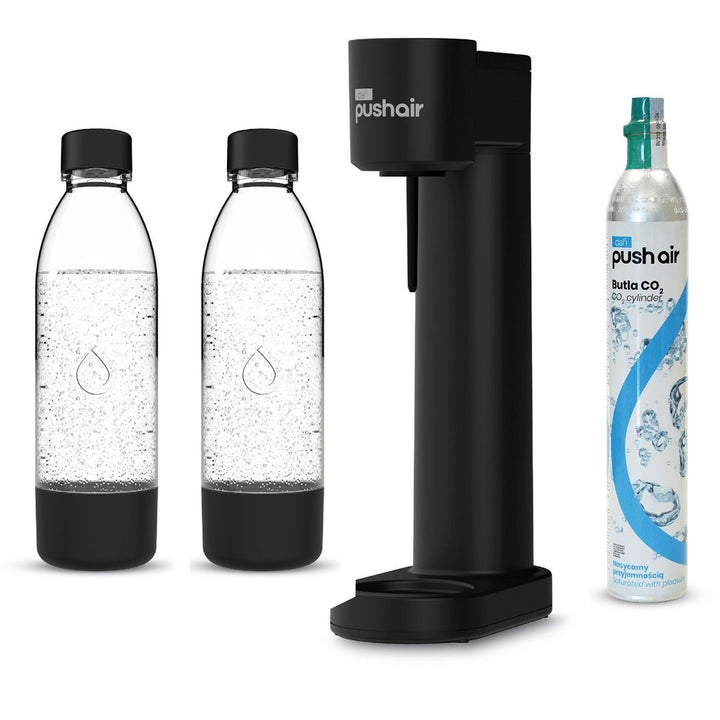 Saturatore Dafi Push Air, colore nero, in dotazione 2 bottiglie da 0,7 L e una bombola di CO₂