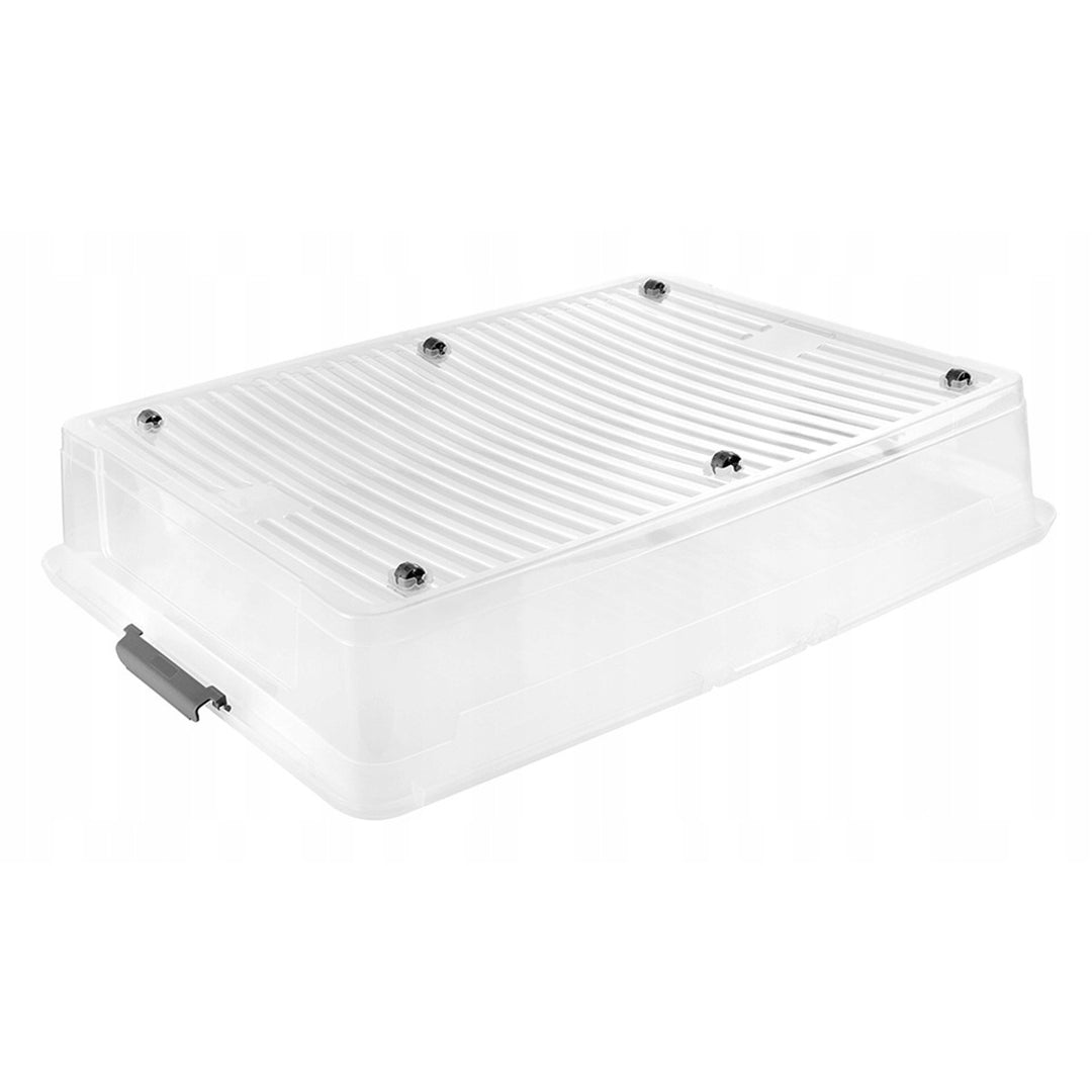 Contenitore con coperchio Leo Keeper, capacità 53 L, trasparente, dotato di rotelle, coperchio con chiusura a clip