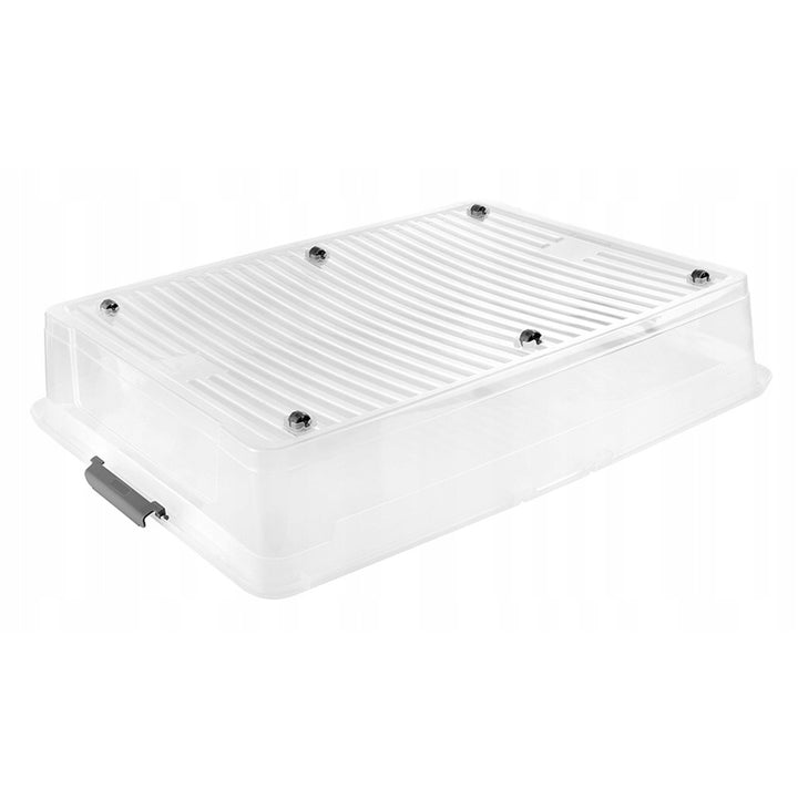 Contenitore con coperchio Leo Keeper, capacità 53 L, trasparente, dotato di rotelle, coperchio con chiusura a clip