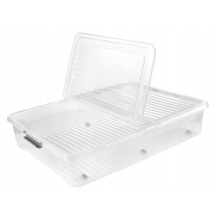 Contenitore con coperchio Leo Keeper, capacità 53 L, trasparente, dotato di rotelle, coperchio con chiusura a clip