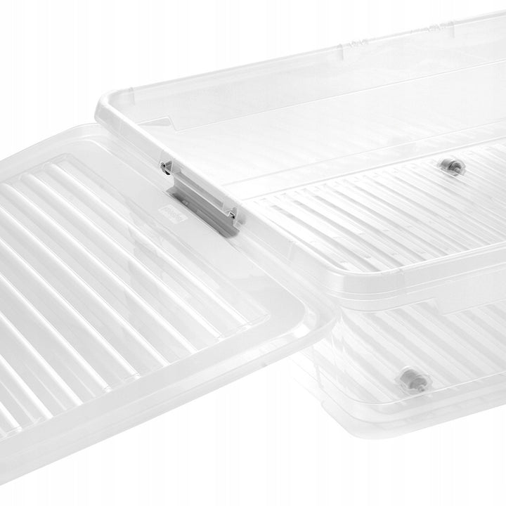 Contenitore con coperchio Leo Keeper, capacità 53 L, trasparente, dotato di rotelle, coperchio con chiusura a clip