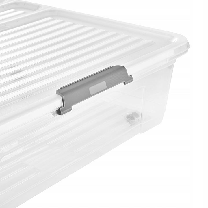 Contenitore con coperchio Leo Keeper, capacità 53 L, trasparente, dotato di rotelle, coperchio con chiusura a clip
