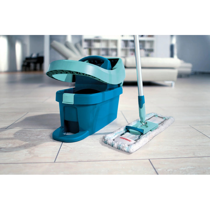 Set Profi Leifheit, mop e secchio con rotelle, strizzatura con il piede, facile da svuotare, capacità 8 L, panno Micro duo, 55096
