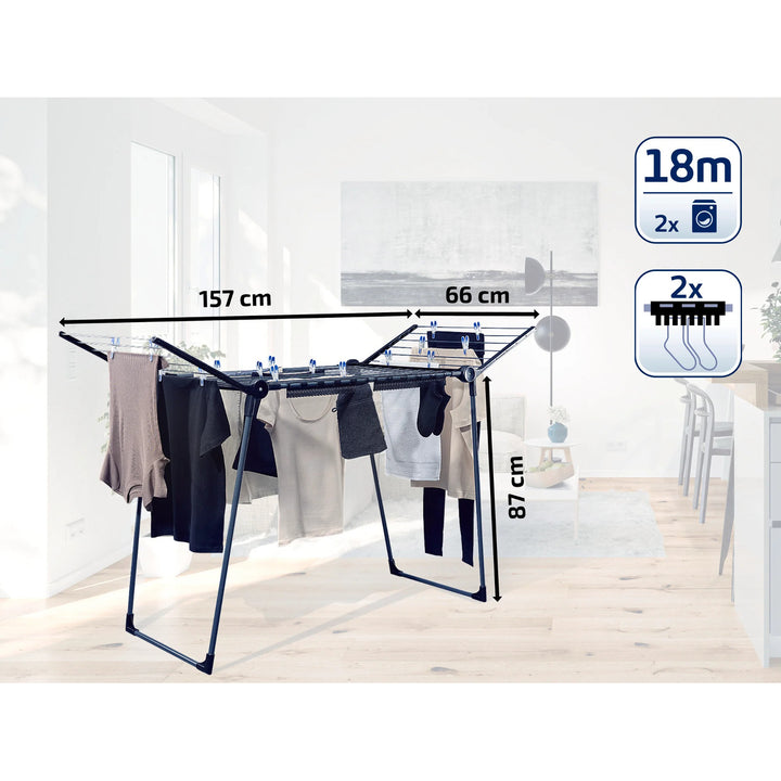 Stendibiancheria Pegasus 180 Solid Black Leifheit, lunghezza dei fili 18 m, gambe parallele stabili, resistente alle intemperie, 2 ganci per biancheria, 81589