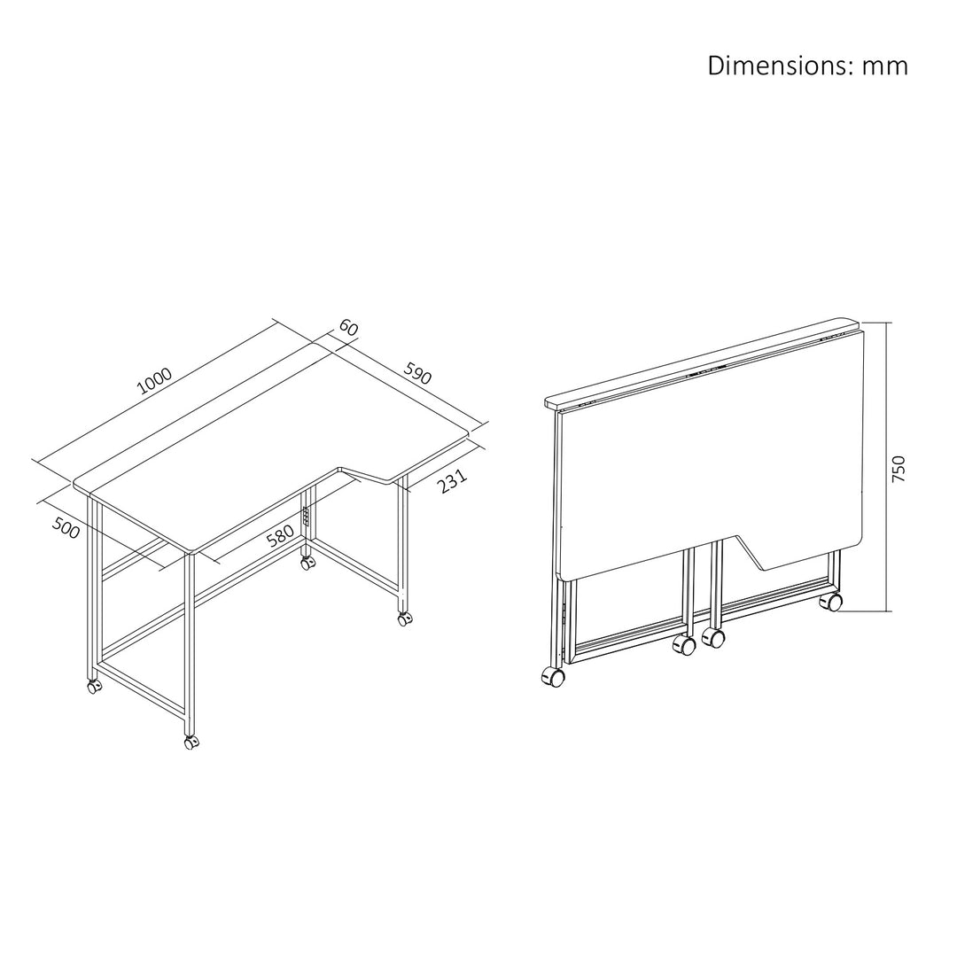 Scrivania pieghevole Maclean, nera, mobile, 100x65 cm, max. 50 kg, angolare, a forma di L, MC-1250 L/B