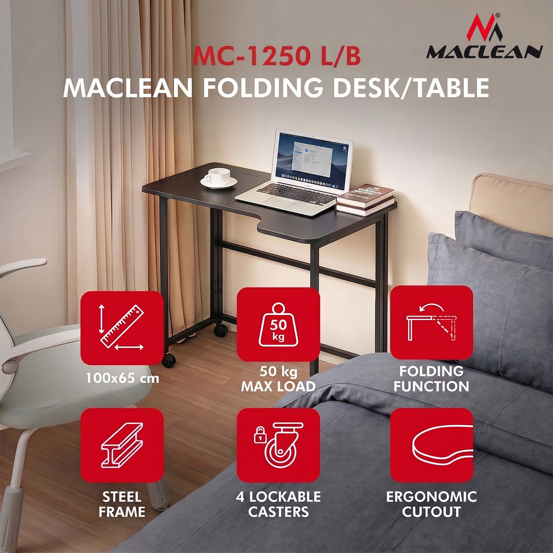 Scrivania pieghevole Maclean, nera, mobile, 100x65 cm, max. 50 kg, angolare, a forma di L, MC-1250 L/B