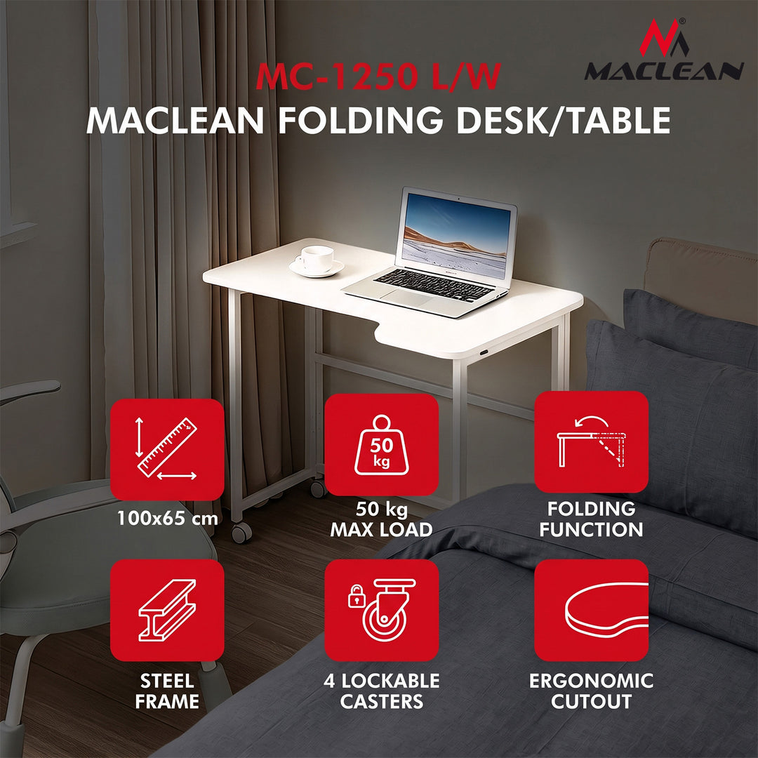 Scrivania pieghevole Maclean, bianca, mobile, 100x65 cm, max. 50 kg, angolare, a forma di L, MC-1250 L/W